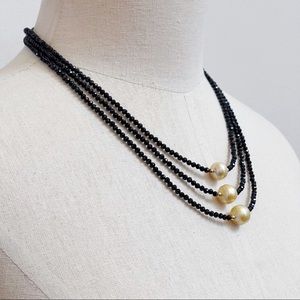 Fresh Water Pearl Black Spinel Beaded Necklace Multistrand 925